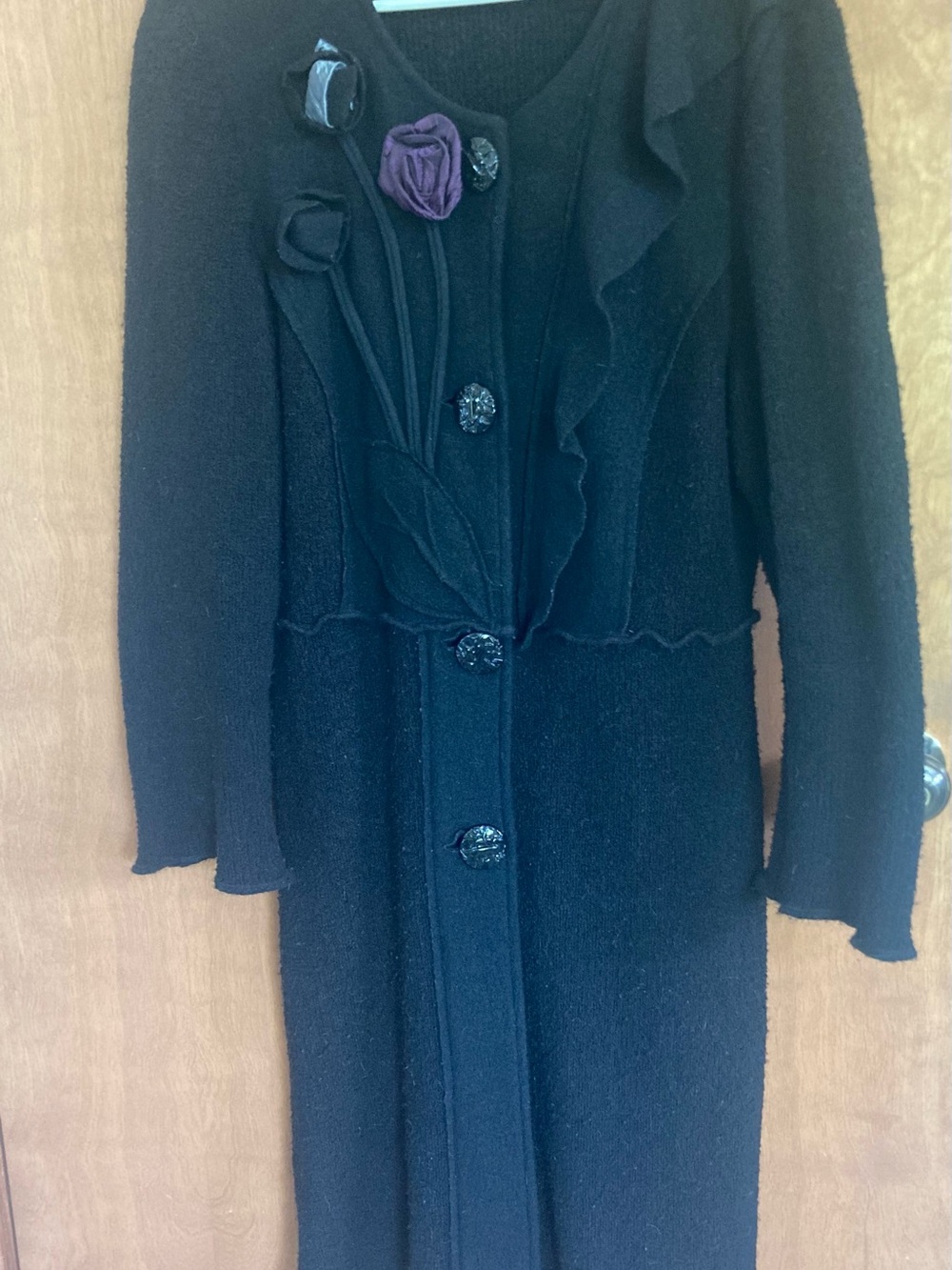 Black Long Coat/Sweater with Purple Flower Accent